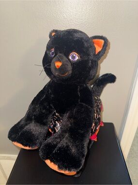 Build A Bear BAB Black Cat Orange Sparkle Paw Halloween 12” Plush Stuffed Animal